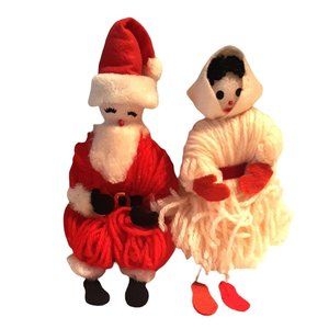 Very Vintage 1950s Mr and Mrs Santa Dolls Hand Made Yarn